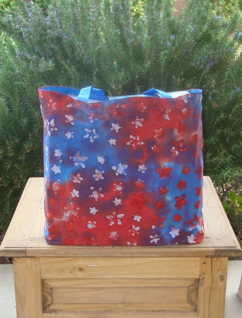 Red White and Blue Star Batik Print Reusable Shopping Tote Bag image 1