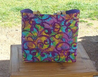 Multicolored Stained Glass Swirl Batik Print Reusable Shopping Tote Bag