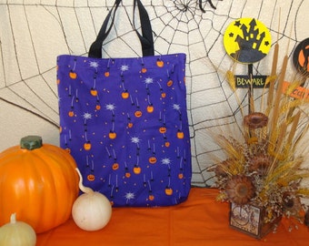 Halloween Trick or Treat Reversible Tote Bag in a Spiders and Jack o'Lanterns and Spider Web Print