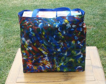 Royal Blue, Orange and Dark Green Patterned Batik Print Reusable Shopping Tote Bag