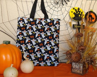 Halloween Trick or Treat Reversible Tote Bag in a Glitter Ghosties and Mr. Bones Print