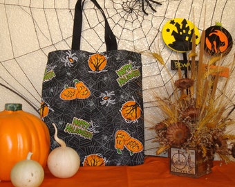 Halloween Trick or Treat Reversible Tote Bag in a Spider Web and Jack O' Lantern Print