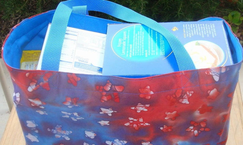 Red White and Blue Star Batik Print Reusable Shopping Tote Bag image 3