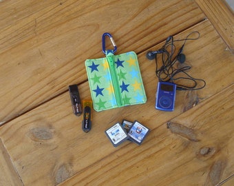 Zippered Pouch for Earbud, Mp3, USB, Game and Coin Holder in a Multi-Colored Star Print - Carabiner Included