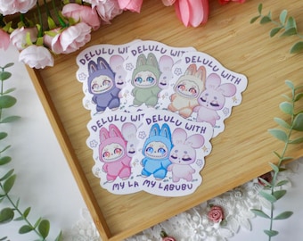 delulu with my labubu stickers | water-resistant vinyl stickers for water bottle, journal, kindle, or laptop