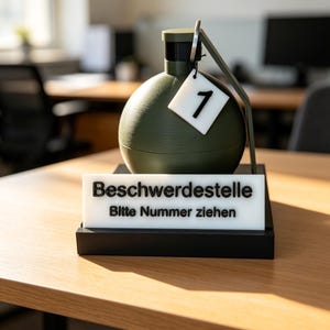 Könnte beinhalten: Ein mattes olivgrünes, kugelförmiges Objekt, das einer Granate ähnelt, mit einem Metallstift und einem weißen quadratischen Schild mit der Nummer 1. Vorne steht ein weißes rechteckiges Schild mit dem schwarzen Text Beschwerdestelle Bitte Nummer ziehen.