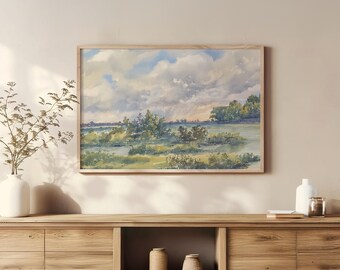Watercolor Landscape Art Print, Misty Field, Farmhouse Wall Decor