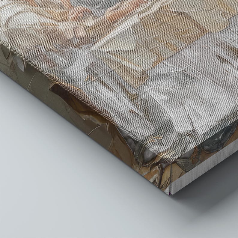 May include: Abstract art canvas print with a textured surface. The artwork features a palette of neutral colors, including shades of brown, beige, and gray, with visible brushstrokes. The canvas is stretched over a wooden frame, creating a modern aesthetic.