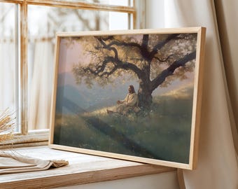 Jesus Resting Under the Tree Christian Wall Art Print, Peaceful Home Decor
