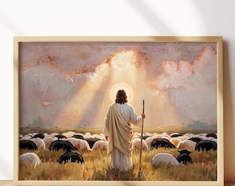 Jesus the Good Shepherd Wall Art, Christian Sheep Meadow Canvas Print