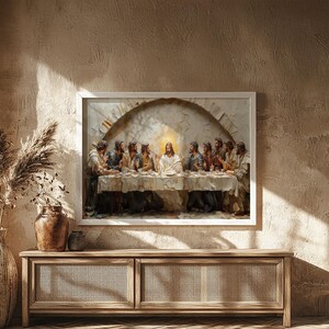 May include: A framed artwork depicting the Last Supper, featuring Jesus and his disciples seated at a table. The painting has a textured, three-dimensional effect, with a warm color palette. The artwork is displayed above a wooden cabinet.