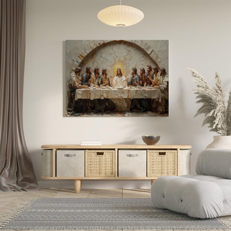 May include: A large canvas print of the Last Supper, depicting Jesus and his disciples at a table. The artwork is rendered in a textured, painterly style with warm, earthy tones. The print is displayed above a wooden cabinet with woven baskets.