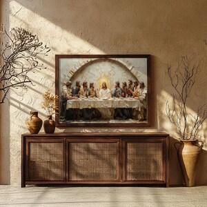 May include: A framed artwork depicting the Last Supper hangs above a wooden cabinet with woven door panels. The artwork features a detailed painting of Jesus and his disciples at a table. Decorative vases and dried branches add to the room's aesthetic.