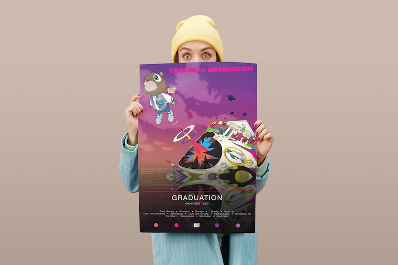 May include: A poster with the album art for "Graduation" by Kanye West. The artwork features a cartoon bear in a jacket and a spaceship-like vehicle against a purple and orange sky. The album title is at the top, with song titles at the bottom.