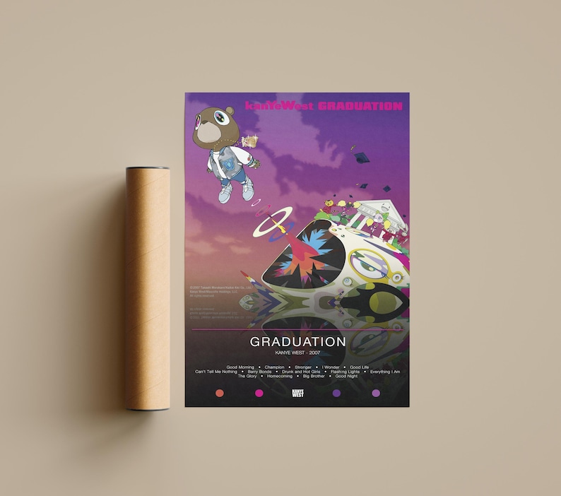 May include: A poster featuring the album art for Kanye West's "Graduation" album. The artwork depicts a cartoon bear in a varsity jacket flying over a colorful, futuristic cityscape against a purple sky. The poster includes the album title and tracklist.
