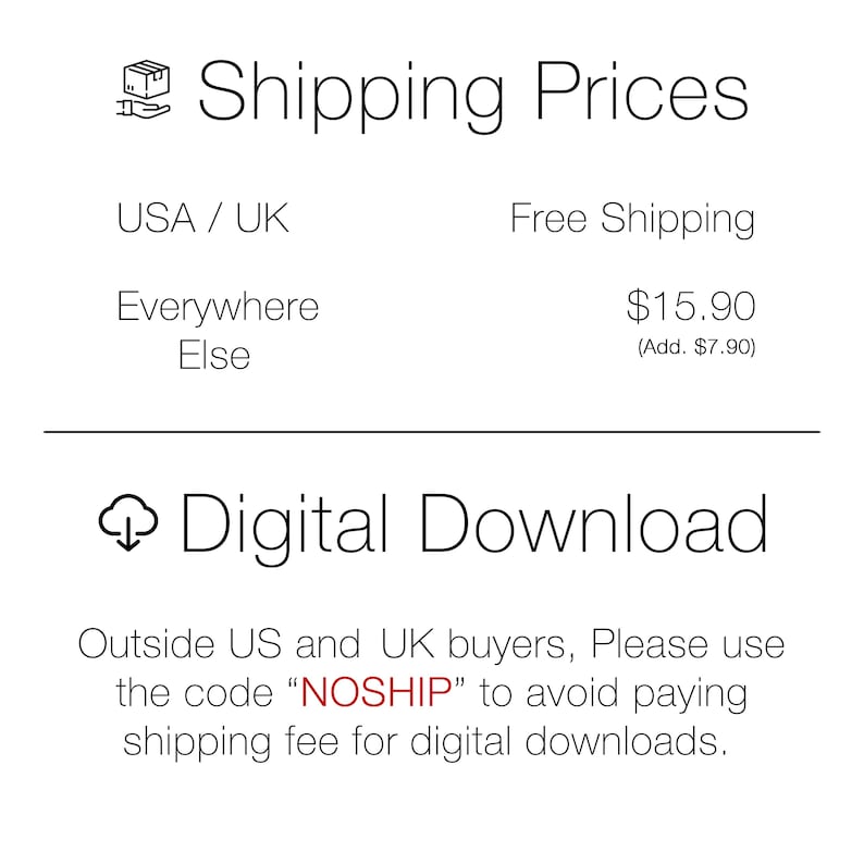 May include: Image with text detailing shipping prices and digital download information. The text includes "Shipping Prices", "USA / UK", "Everywhere Else", "Free Shipping", and "Digital Download". It also mentions a code "NOSHIP".