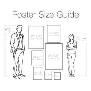 May include: A black and white poster size guide with measurements in inches and centimeters. The guide includes various poster sizes, such as 20" x 30" and 24" x 36", and features line drawings of a man and woman for scale.