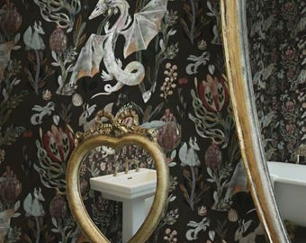 Dark Fantasy Dragon Wallpaper - Peel & Stick Botanical Mural
