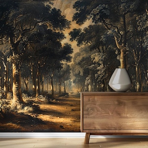Vintage Forest Path Mural: Natura Canvas Peel and Stick Wallpaper