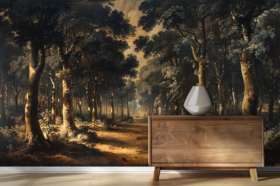 Vintage Forest Path Mural: Natura Canvas Peel and Stick Wallpaper