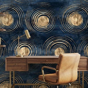 Marinblå och guldfärgad art déco-tapet, geometrisk självhäftande väggmålning