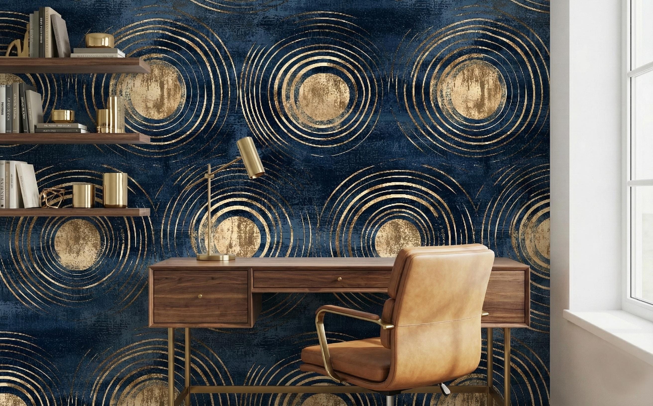 Navy Blue and Gold Art Deco Wallpaper, Geometric Peel and Stick Mural ...