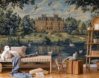 Vintage Chateau Landscape Mural – French Countryside Swans Peel and Stick Wallpaper