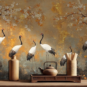 Vintage Crane Bird Wallpaper: Floral Wall Mural, Removable Canvas