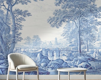 Papel pintado autoadhesivo con paisaje de toile azul: Mural escénico vintage