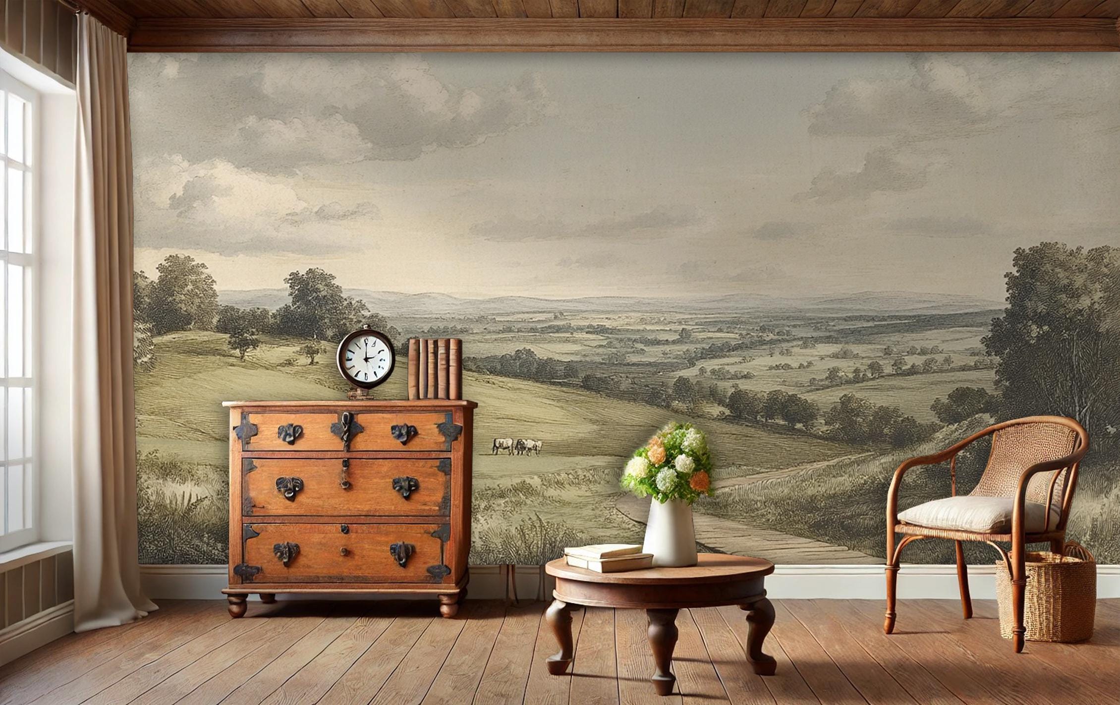 Pastoral Landscape Wallpaper: Antique Village Scene, Removable Canvas ...