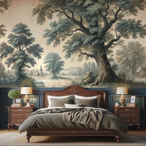 May include: A bedroom featuring a large mural depicting a forest scene on the wall. The mural showcases a prominent tree in the centre, surrounded by smaller trees and a river in the background. The bedroom has a wooden bed with a brown blanket and pillows, two bedside tables with lamps, and a rug on the floor.