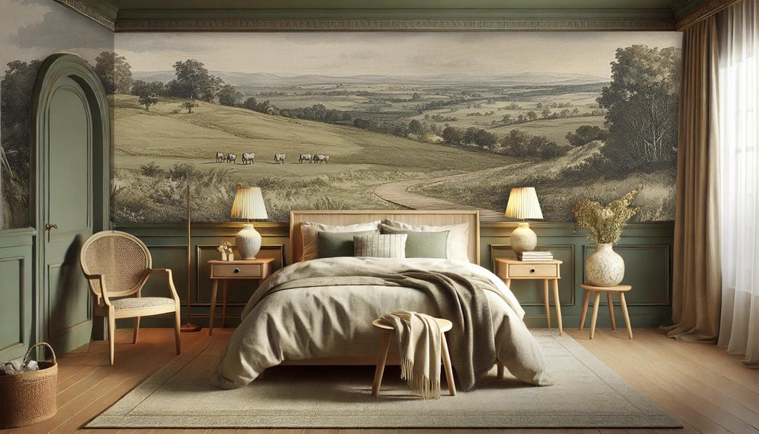 Pastoral Landscape Wallpaper: Antique Village Scene, Removable Canvas ...