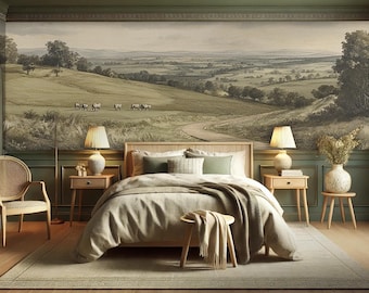 Pastoral Landscape Wallpaper: Antique Village Scene, Removable Canvas Peel & Stick