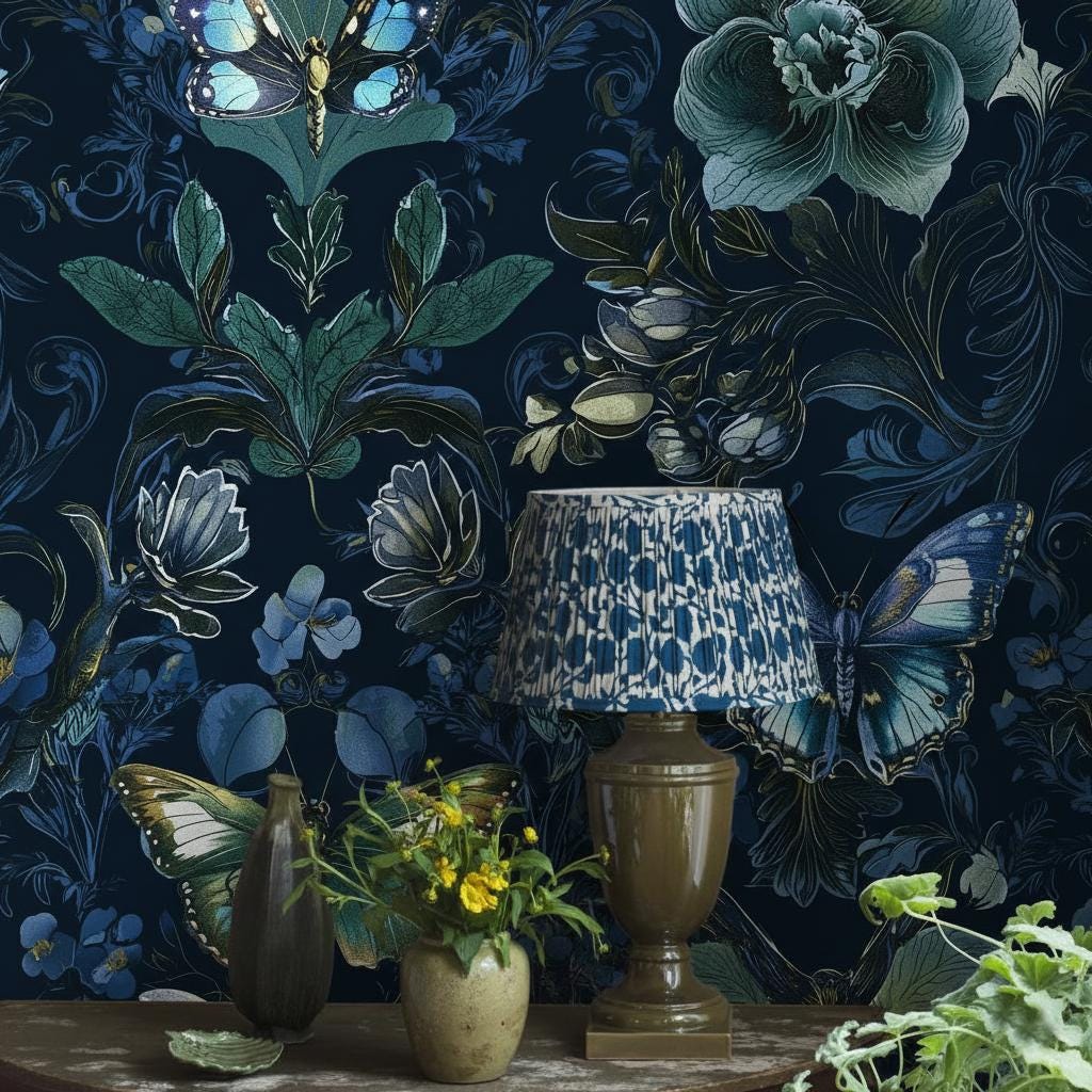 Dark Floral Peel and Stick Wallpaper • Moody Botanical Print ...