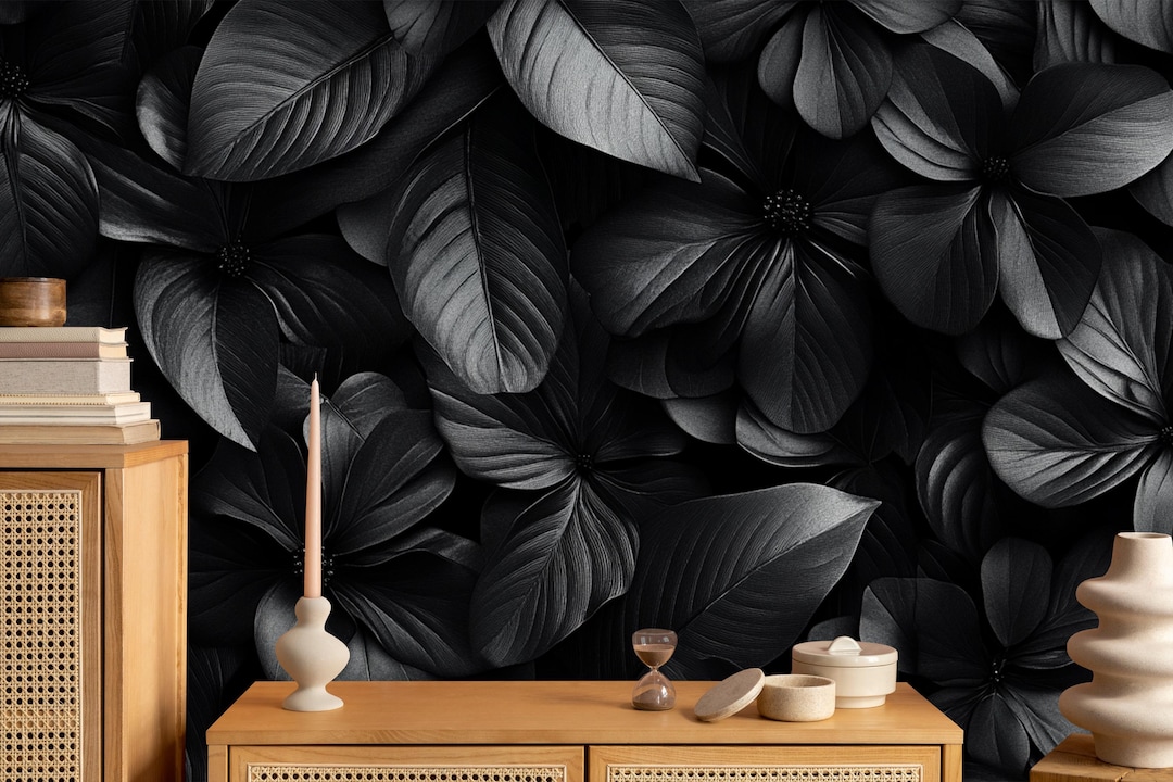Black Floral Peel and Stick Wallpaper: Canvas Wall Mural - Etsy