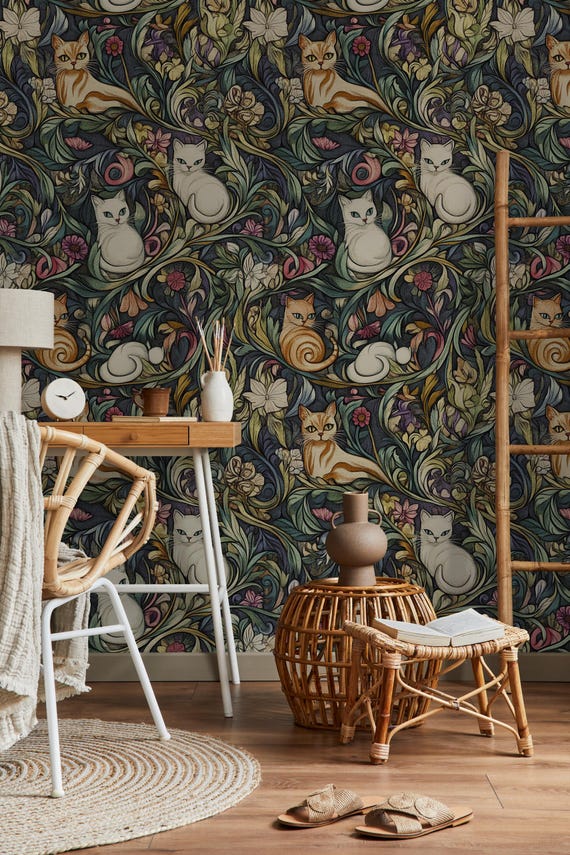 Vintage Floral Cat Wallpaper, Cottagecore Peel and Stick Mural, Kitten Nursery Decor
