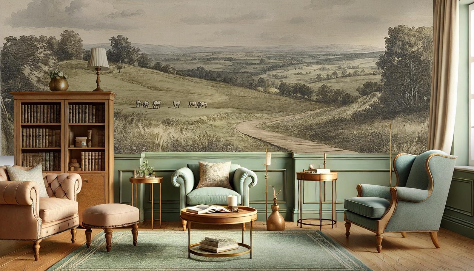Pastoral Landscape Wallpaper: Antique Village Scene, Removable Canvas ...