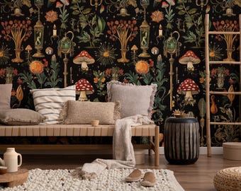 Vintage Mushroom Wallpaper: Botanical Apothecary Peel and Stick Wall Mural