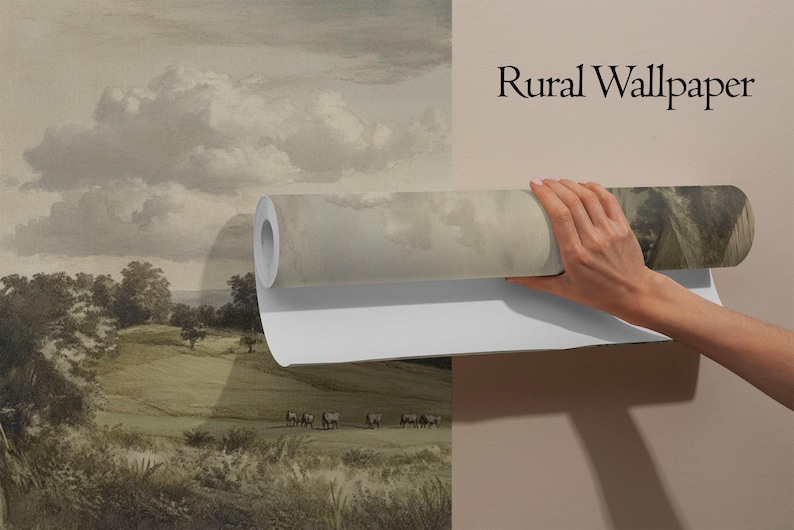 Pastoral Landscape Wallpaper: Antique Village Scene, Removable Canvas ...