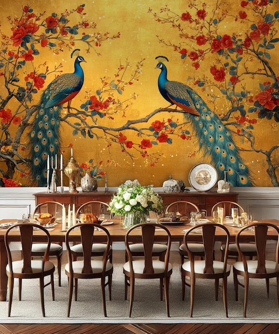 Peacock Floral Canvas Peel and Stick Wallpaper Mural