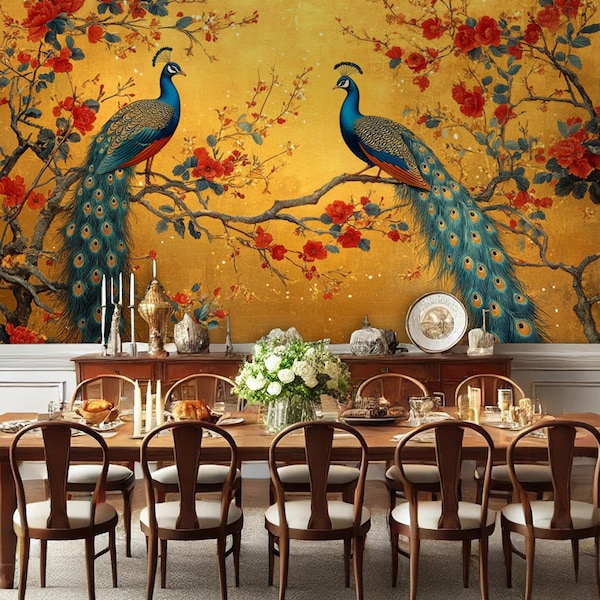 Peacock Floral Canvas Peel and Stick Wallpaper Mural
