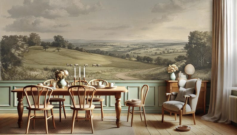 Pastoral Landscape Wallpaper: Antique Village Scene, Removable Canvas ...