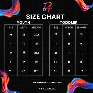 May include: A size chart for youth and toddler apparel, with measurements in inches. The chart includes sizes XS to XL for youth and 2T to 6T for toddlers, with corresponding width and length measurements. The Tajin Apparel logo is in the top right corner.