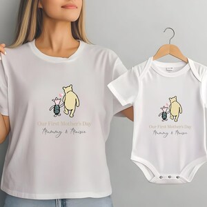 Personalized Our First Mother&#39;s Day Winnie Baby Bodysuit, Unisex New Mum Gift, New Baby Mother & Child Shirt