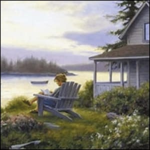 May include: A woman sits in a wooden chair on a porch overlooking a lake. She is reading a book and the setting sun casts a warm glow over the scene.
