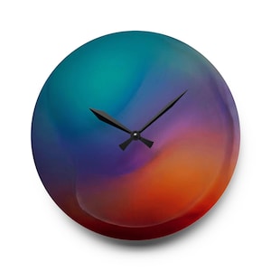 May include: Round wall clock with a vibrant, abstract design. The clock face features a blend of colors, including teal, blue, purple, orange, and red. Black clock hands indicate the time. The clock is a decorative item for home decor.