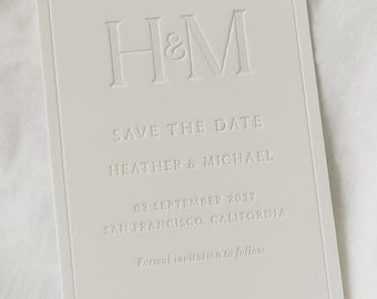 Monogram Letterpress Save the Date: debossed colorless  Cotton Card
