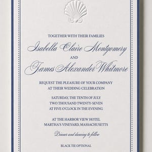 Coastal Wedding Invitation Suite, Embossed Shell, and letterpress DEPOSIT