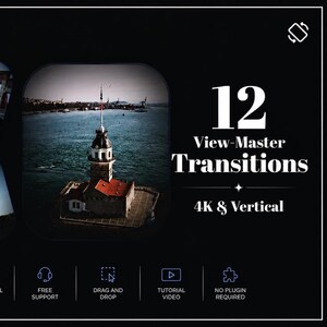 May include: A black graphic with the text "12 View-Master Transitions 4K & Vertical." The image includes three circular inset photos of landmarks: the Eiffel Tower, the Colosseum, and a waterside building.