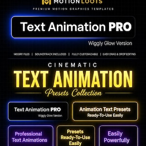 Puede incluir: Gráfico promocional para "Text Animation PRO" con fondo negro y texto amarillo neón y azul. El diseño incluye el logotipo de Motion Loots, la frase "Text Animation PRO" y otros elementos de texto que promocionan las características del producto.